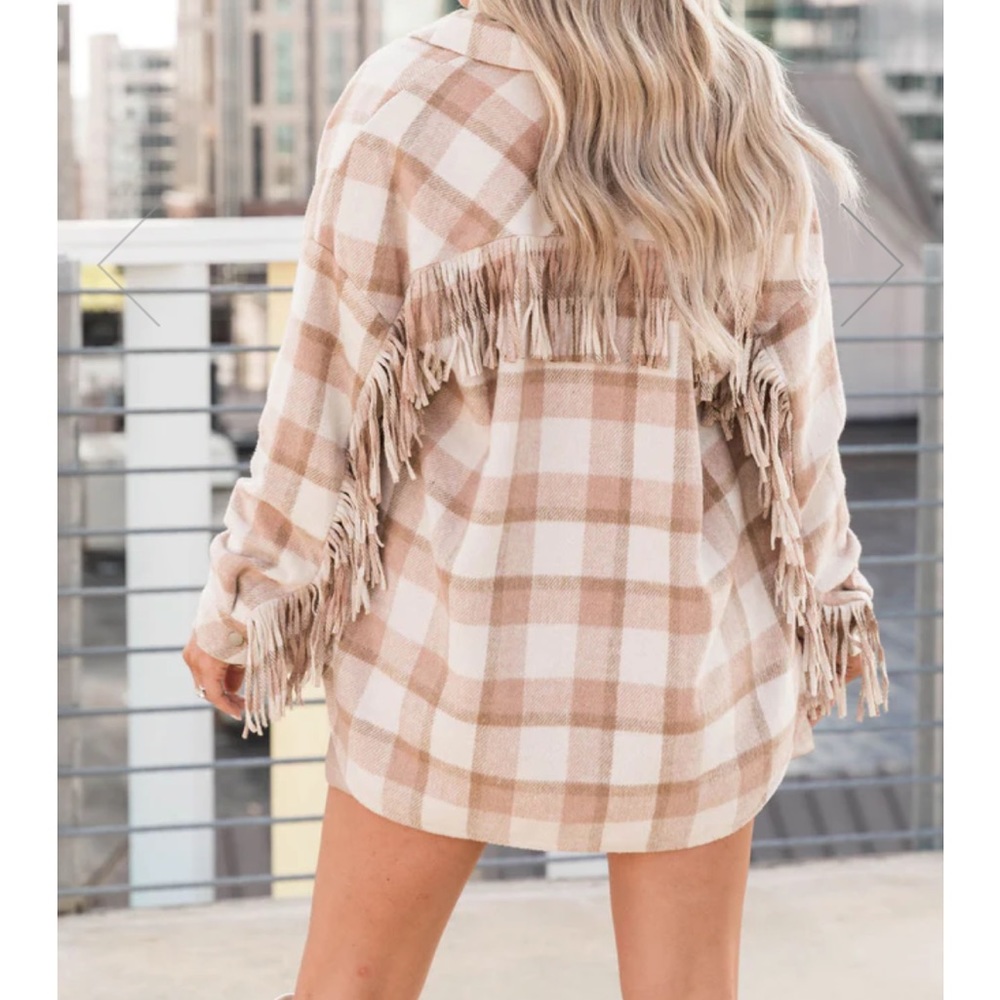 Fringe plaid shacket Pink Lily